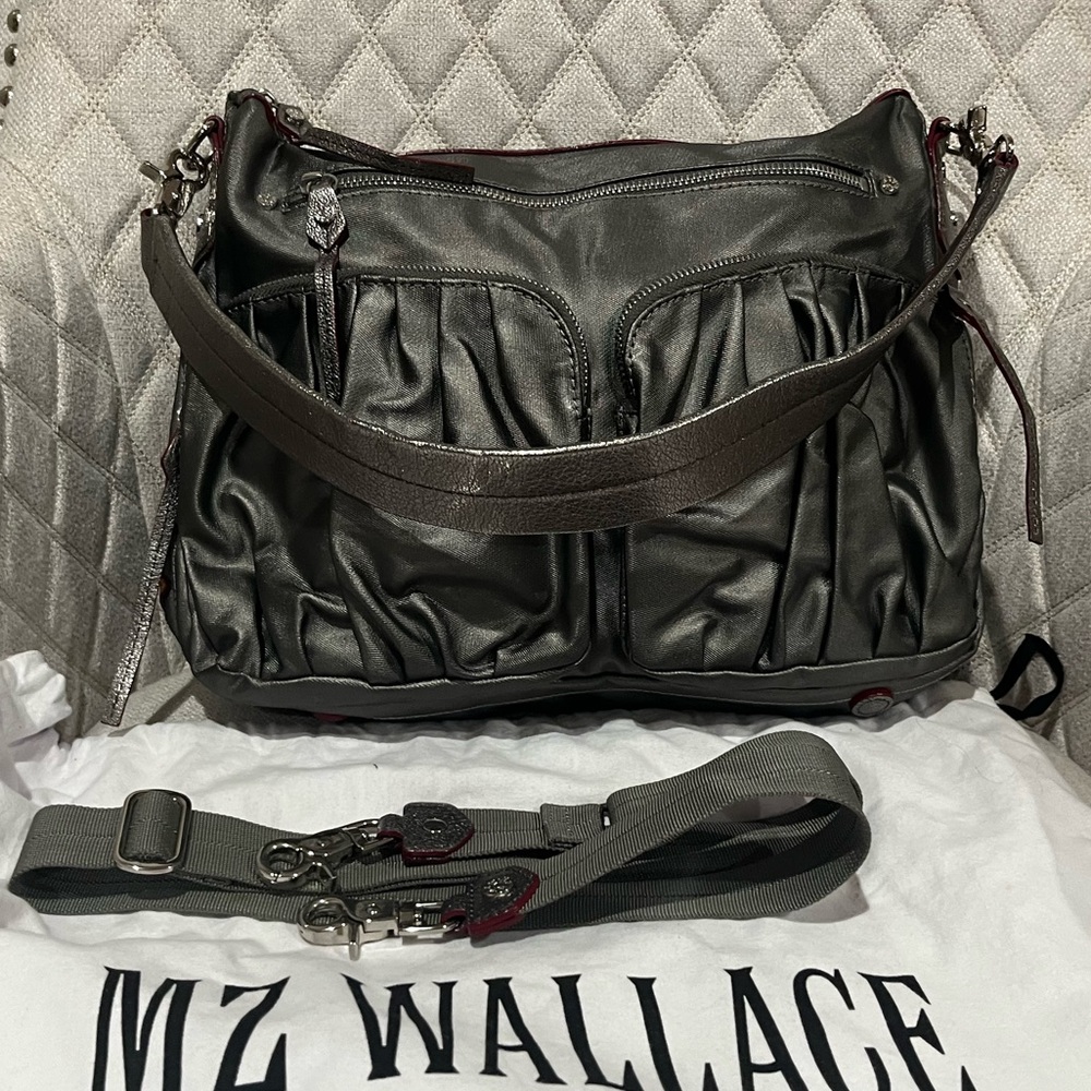 MZ Wallace silver and gray crossbody shoulder bag silver and red leather detail